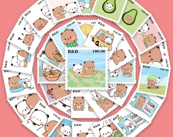 60 pcs Bubududu Stamp Stickers, Bubu and Dudu Cute Lovely Matching Bear Couple Stamp Shaped Stickers for Lapops and Skateboards