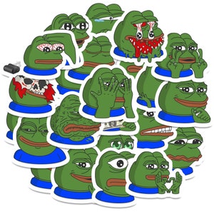Op de afbeelding: Een set van 16 groene kikker stickers met verschillende uitdrukkingen, waaronder verbaasd, verward en boos. De stickers zijn gedrukt op wit papier en hebben een blauwe rand.