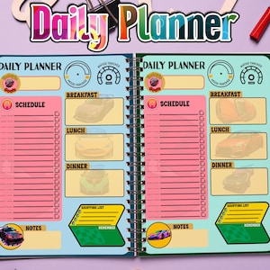 May include: Open daily planner with a colorful design. The planner features sections for schedule, notes, and meal planning, including breakfast, lunch, and dinner. The planner also has a water tracker and mood tracker. The cover has the words "Daily Planner".
