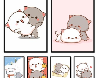 Peach and Goma Poster Cute Cat Couple Poster A4 Sized Wall Decor