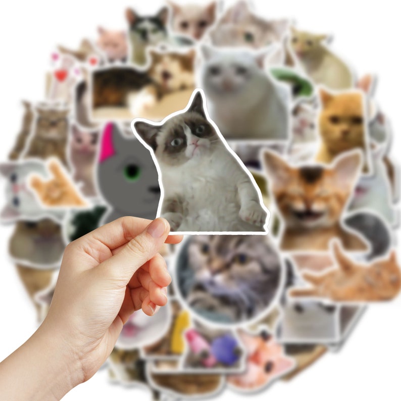 May include: A set of 50 cat stickers featuring various breeds and poses, including a grumpy cat, a cat with a surprised expression, and a cat with its tongue sticking out. The stickers are printed on high-quality vinyl and are waterproof and durable.