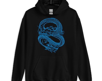 Felpa con cappuccio drago blu, felpa con cappuccio estetica, giapponese, abbigliamento estetico, stampa drago, cinese, streetwear, felpa con cappuccio drago vintage, regalo drago,