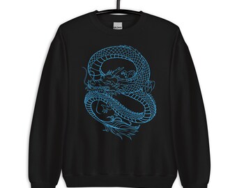 Felpa drago blu, giapponese, abbigliamento estetico, stampa drago, cinese, streetwear, felpa drago vintage, felpa drago,