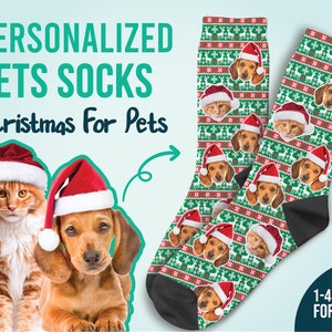 Santa Hat Socks, Christmas For Pet, Custom Face Socks, Birthday Gift, Personalized Socks, Funny Socks, Christmas Gift, Pet Lover