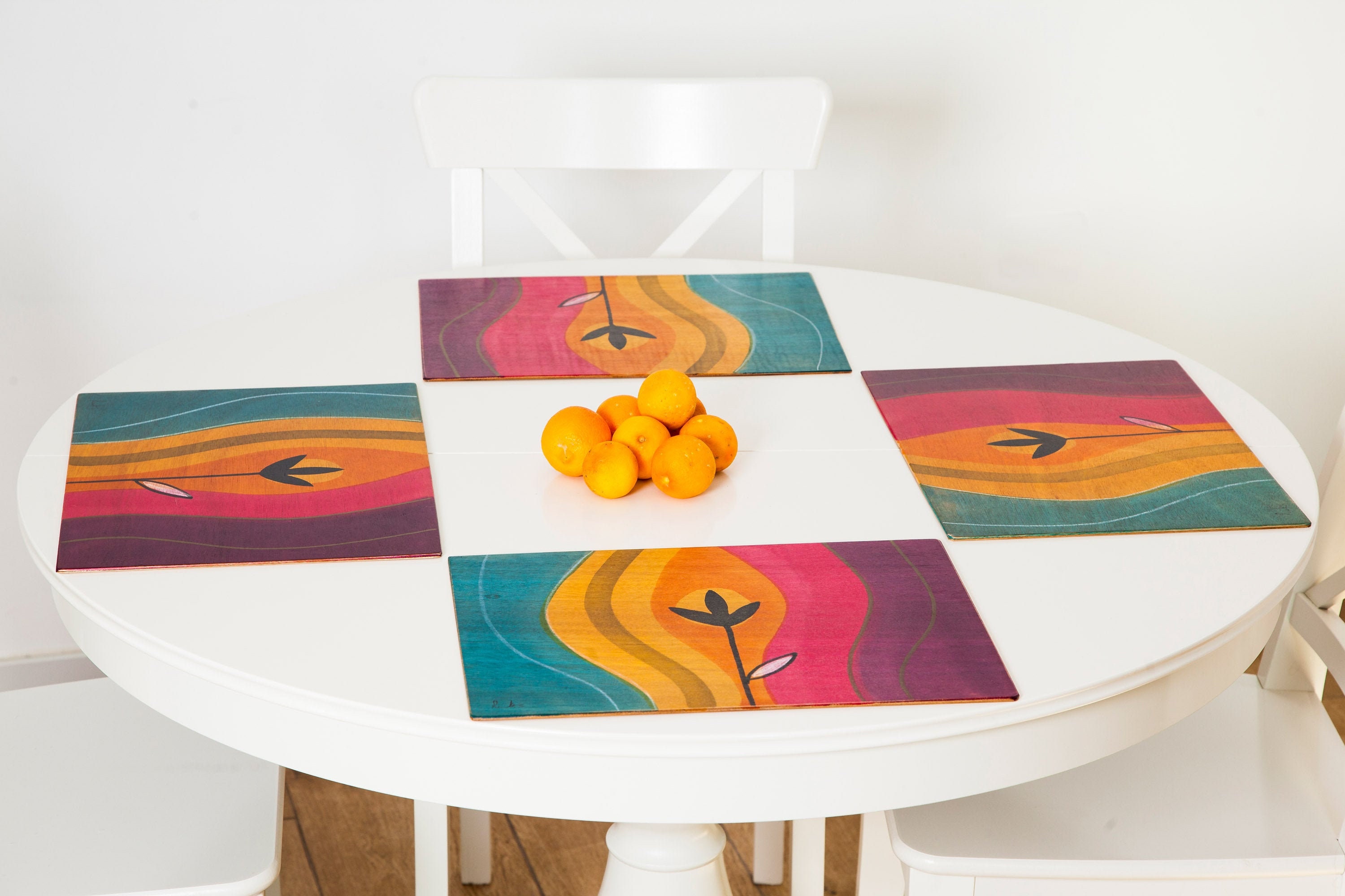 Handwoven Rainbow Placemat in natural flax color with bright colors