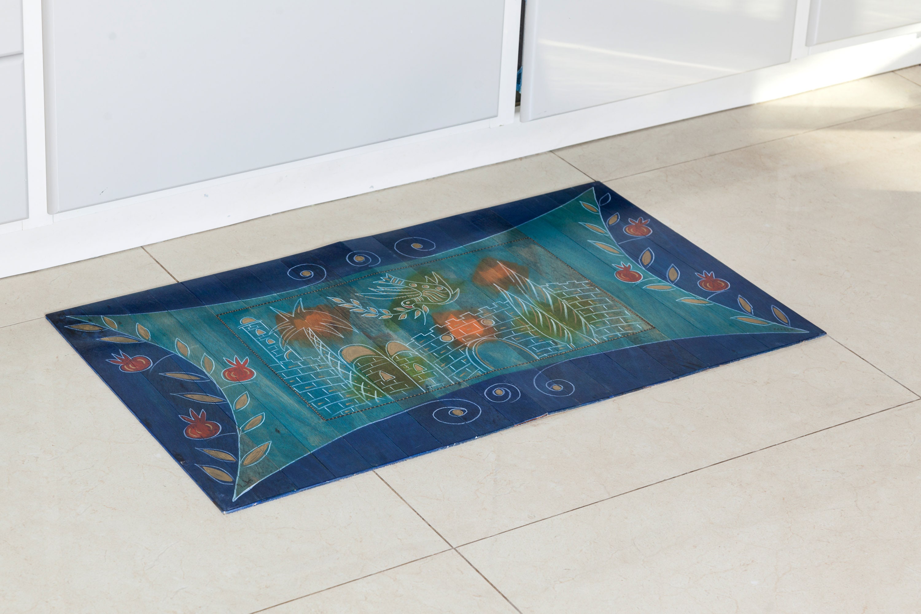 Jerusalem Painted Wooden Floor Mat, Blue Floor Mat, Unique Israel Gift