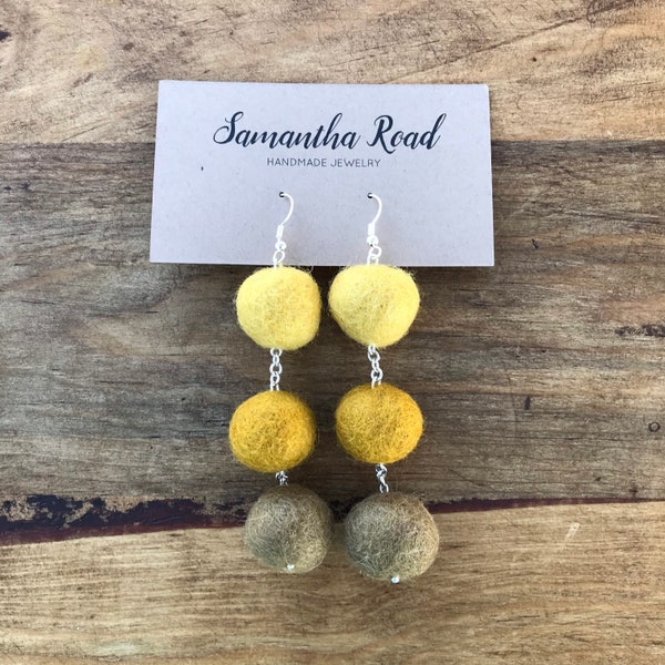Dangle Earrings, Sterling Silver Plated, Yellow Ombre, Large Wool Felt Balls