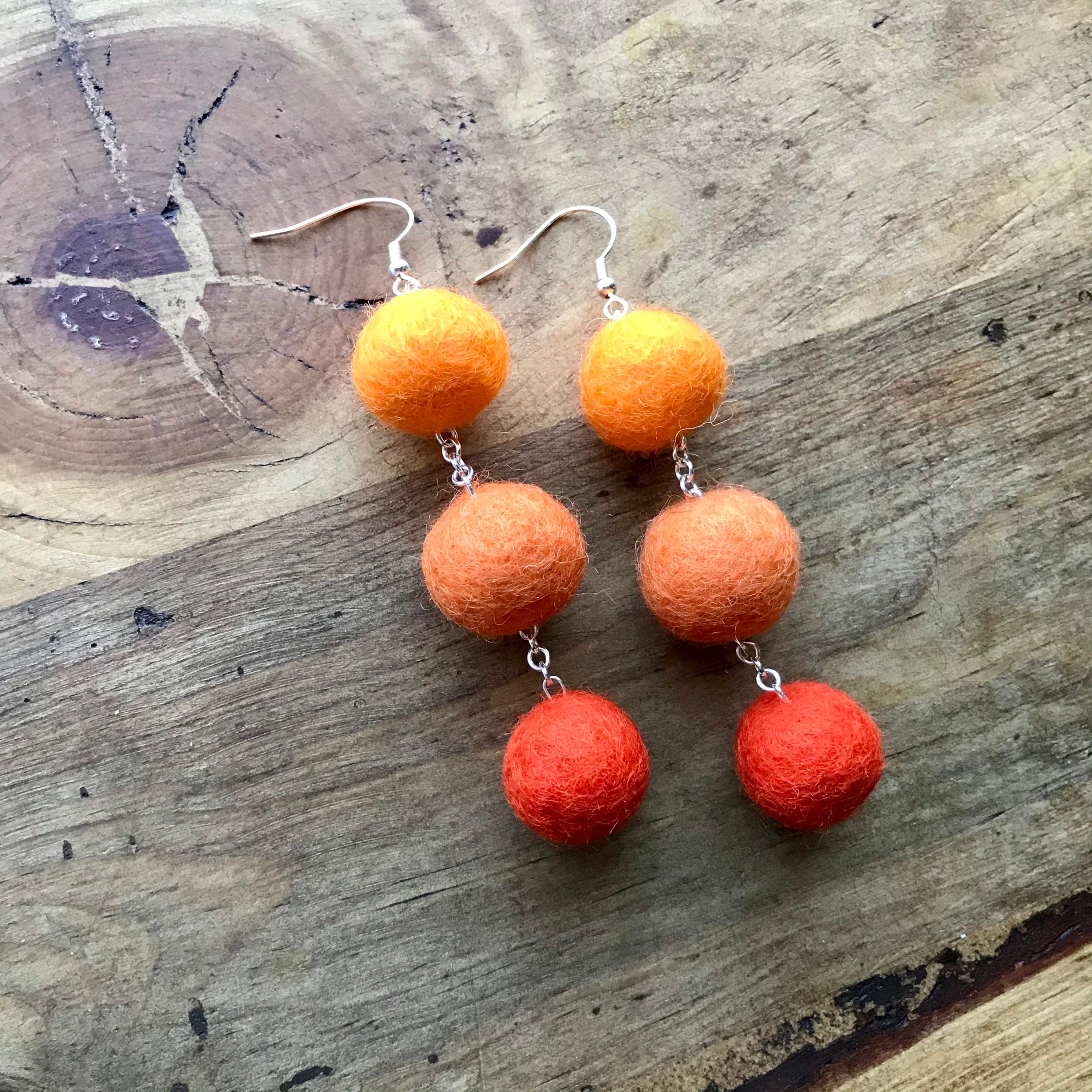 Dangle Earrings, Sterling Silver Plated, Ombre Orange, Large Wool Felt