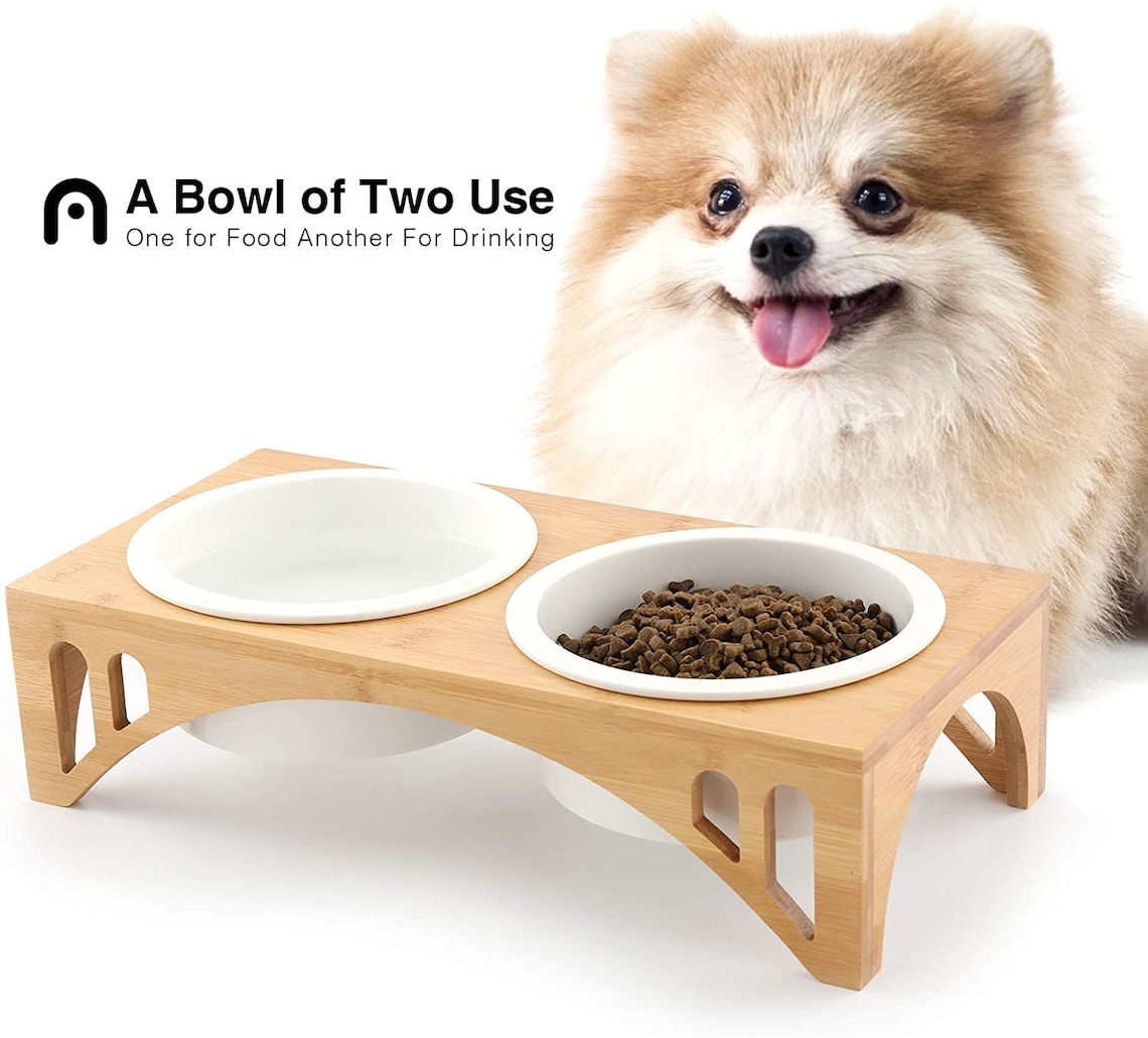 Ceramic Dog Bowls Elevated Dog Bowls with Solid Bamboo 17 OZ Etsy