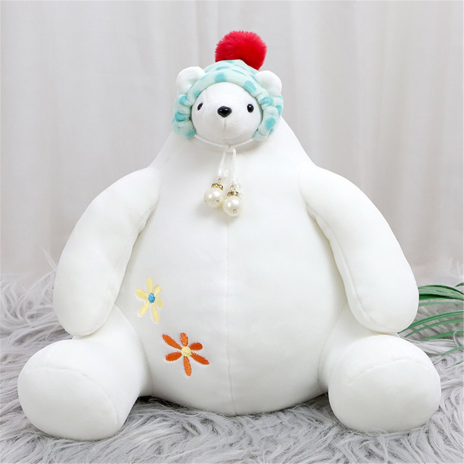 Fat white polar bear plush toy with flower embroidery&green | Etsy