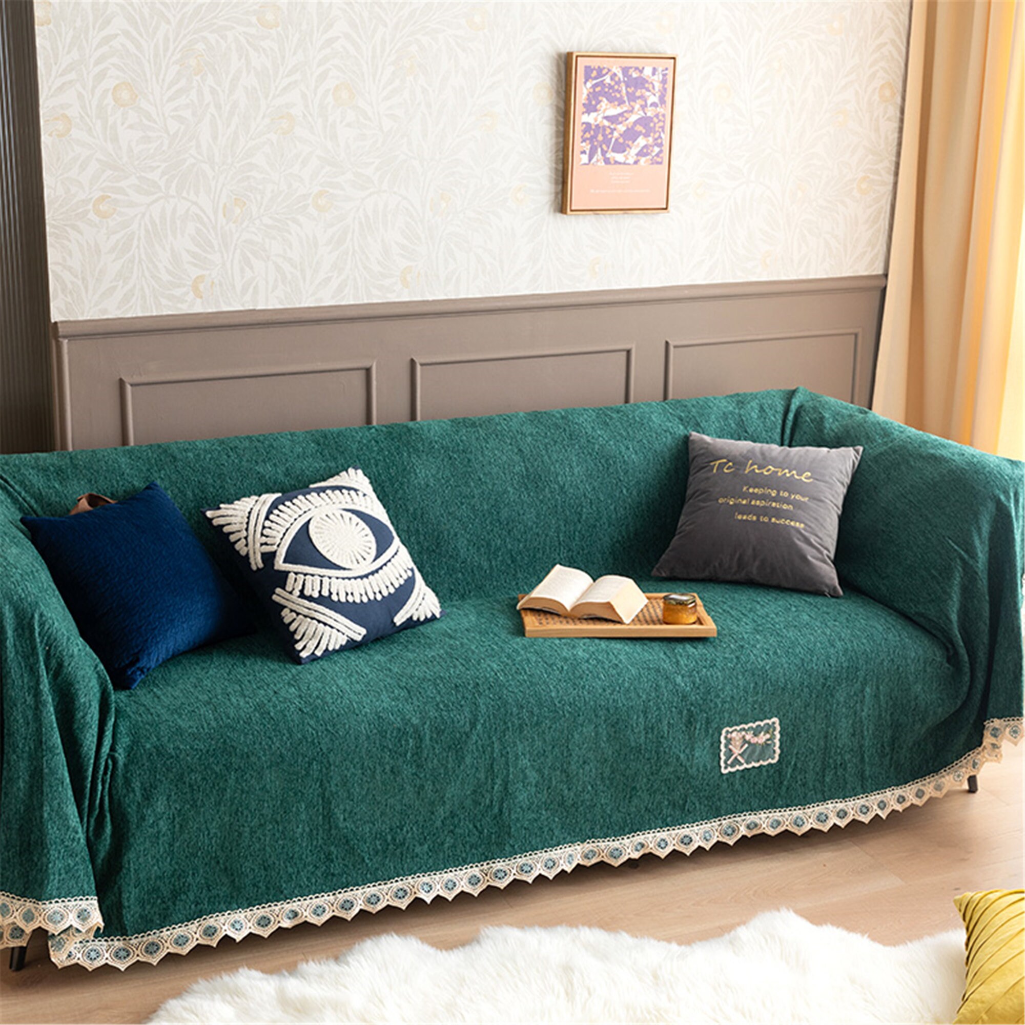 Chenille Sofa Cover with Lace Flower Pattern Mint Green Sofa Etsy