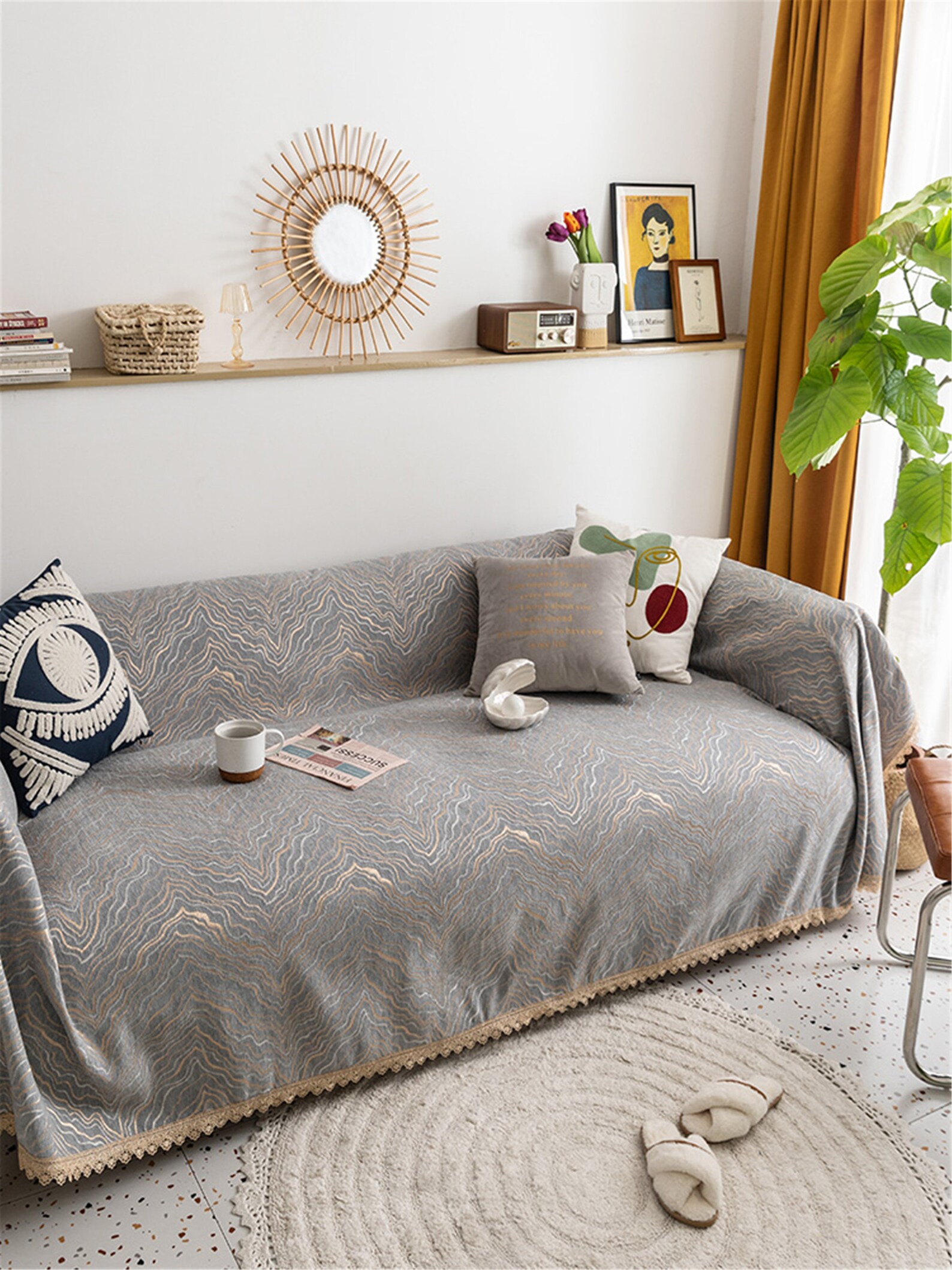 Chenille Sofa Cover with Lace Gold Lining Wave Sofa Cover Top Etsy