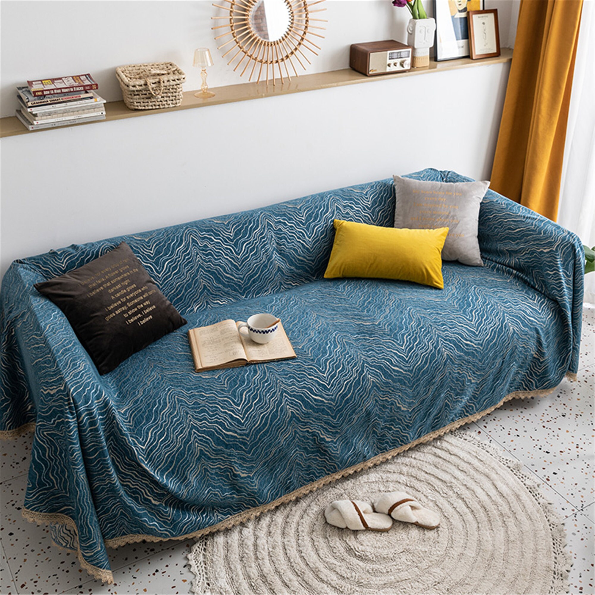 Chenille Sofa Cover with Lace Gold Lining Wave Sofa Cover Top Etsy