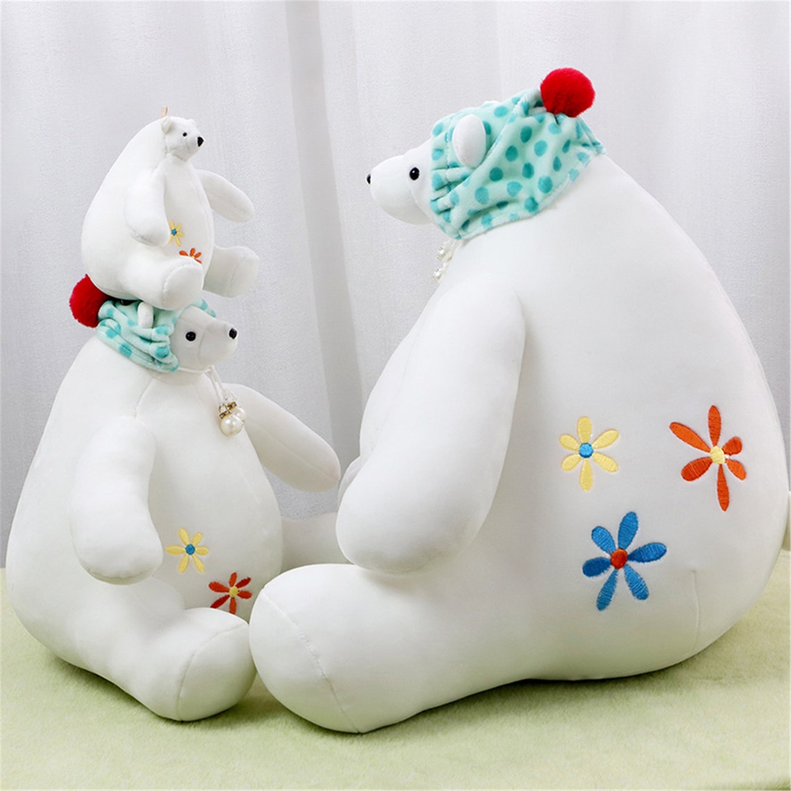 Fat white polar bear plush toy with flower embroidery