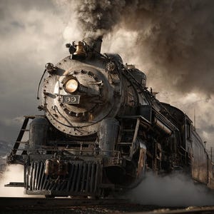 Puede incluir: Una locomotora de vapor antigua, emitiendo espeso humo negro, se captura en una toma dramática. La parte delantera del tren presenta un gran faro y una campana prominente. La paleta de colores es apagada, con tonos grises y marrones dominantes.