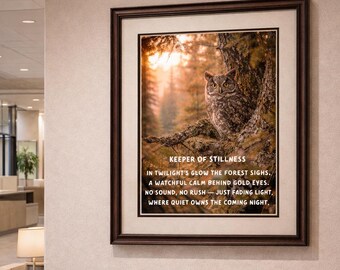 Eulen-Wandkunst - Wächter der Stille-Gedicht, rustikaler Waldwildnis-Druck