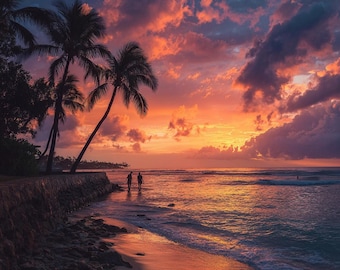 Tropischer Sonnenuntergang Strand Poster - Luxus Ozean Wandkunst mit Palmen | Küstenlandschaft Fotografie