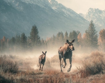 Ein Druck in Form eines Elchs mit Kalb im Nebel
