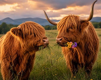 Photographie de couple de vaches des Highlands | Coucher de soleil romantique | Imprimé animal