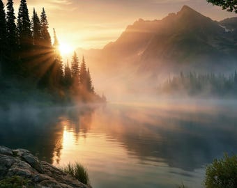 Affiche Lever de soleil sur un lac de montagne brumeux | Paysage paisible de nature