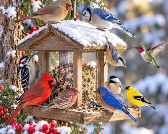 Visiteurs hivernaux | Décoration murale oiseaux colorés | Téléchargement numérique | Cadeau pour amoureux des oiseaux