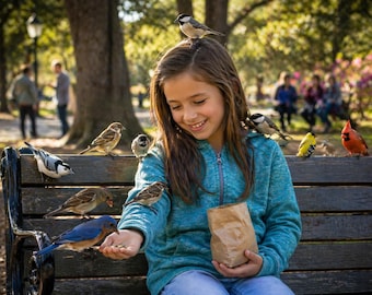 Samen des Wunders | Mädchen füttert Vögel Druck | Kind und Singvögel Wandkunst | Naturfotografie fürs Kinderzimmer