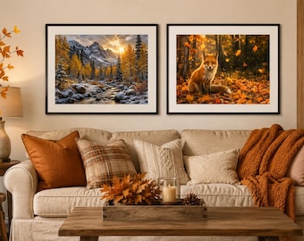 Duo de paysages sauvages d'automne | Affiches murales représentant un paysage de montagne et un renard en automne