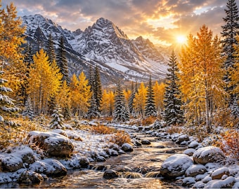 Paysage de montagne en hiver | Décoration murale automnale enneigée