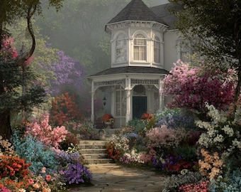 Viktorianisches Gartenhaus Art Print | Blumenlandschaft Wohnkultur | Romantisches Frühlingshaus Wandkunst