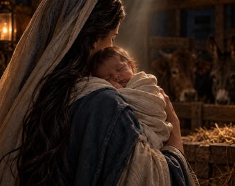 Lumière du Ciel – Marie tenant l’Enfant Jésus dans une crèche – Décoration murale chrétienne