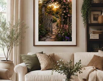 Goldene Stunde Gartentor Poster | Romantische Rosen Garten Wand Kunst | Sonnenuntergang Blumenweg Dekor