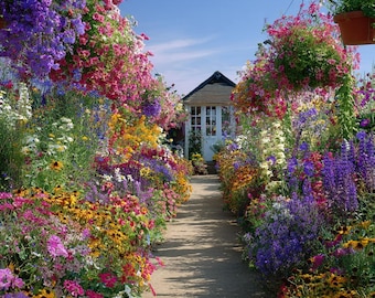 Heimlicher Gartenpfad Print – bunte Blumenlandschaft, botanisches Landhaus Home Decor