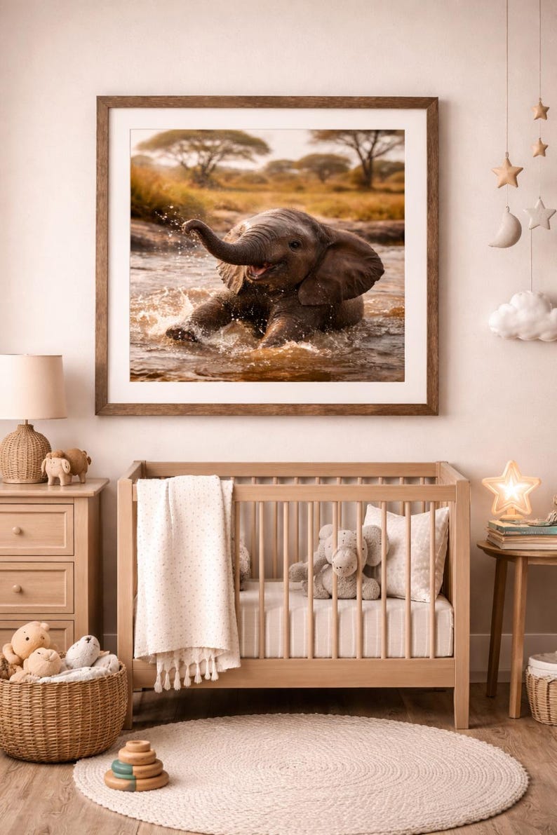 Baby Elephant Safari Print – Playful Animal Nursery Wall Art - Etsy