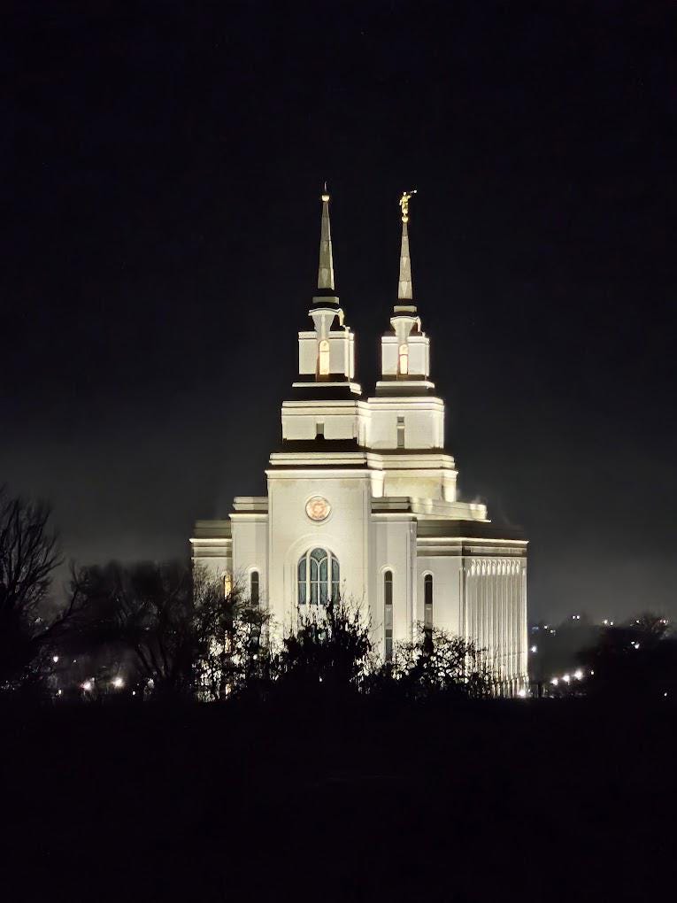 Layton LDS Temple at night with light fog