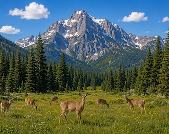 Majestätische Bergwiese mit Rehen – Fine Art Wildtier Landschaft – Rocky Mountain Natur Fotografie Wandkunst