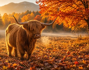 Tableau représentant une vache des Highlands, paysage d'automne, décoration rustique de ferme, photographie de la faune automnale