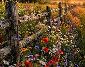 Wildblumen Wiese Sonnenaufgang Druck | Rustikale Zaun Landschaft Fotografie | Landhaus Wand Kunst | Goldener Morgen Natur Print
