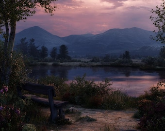 Abenddämmerung Bergsee Druck | Friedliche Sonnenuntergang Landschaft Fotografie | Serene Natur Wandkunst