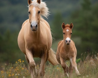 Palomino Stute und Fohlen laufender Druck - Pferdebild, Wildtierfotografie, Bauernhoftierdekor