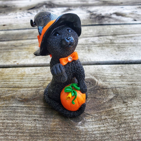 Black Cat Figurine, Halloween Figurine, Witches Cat, Black Cat Halloween Decor, Clay Witch Cat