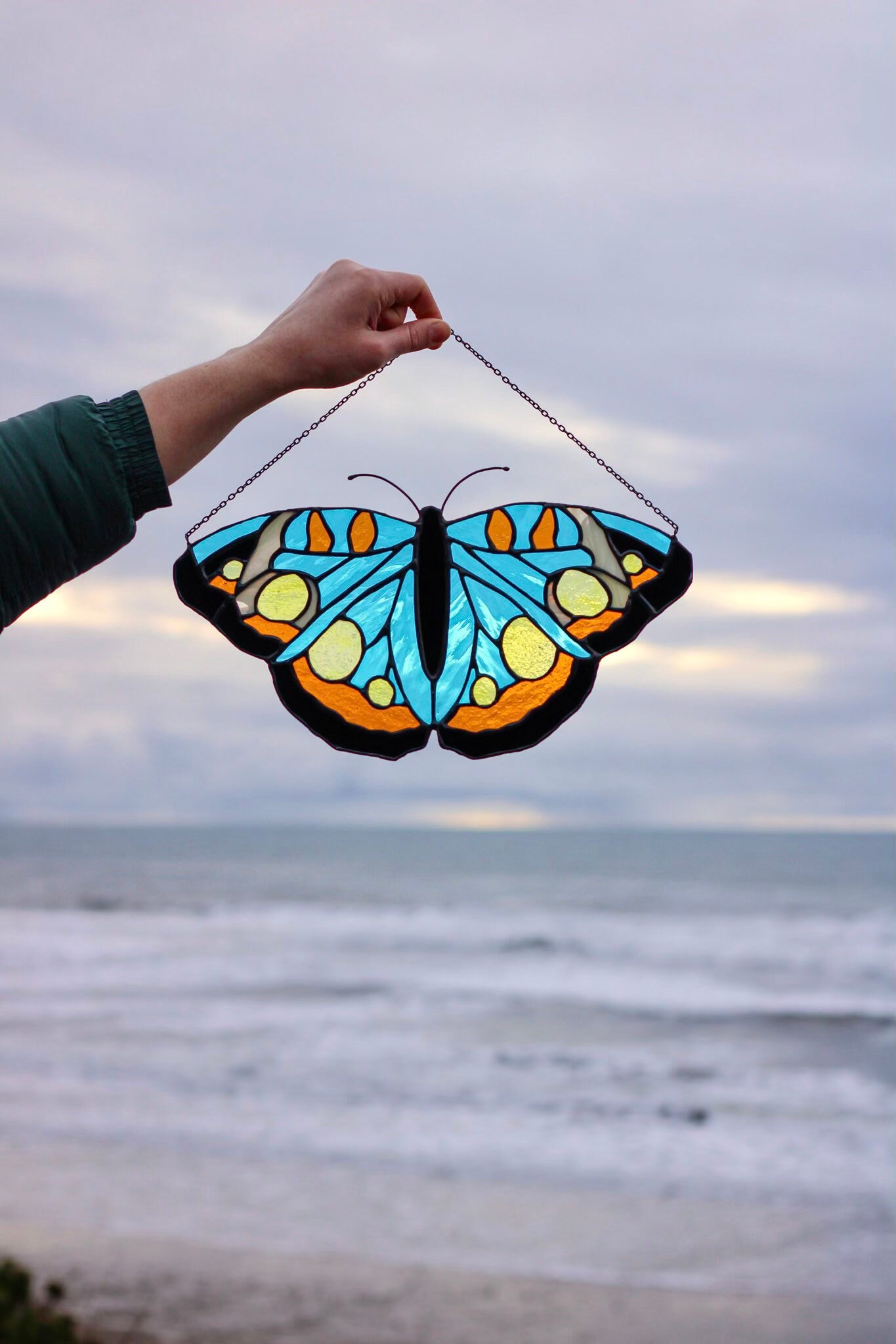 Blue and Orange Butterfly stained glass suncatcher Art