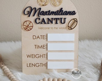 Newborn Baby Custom Birth Stats Board Sign wood & acrylic, sports Theme, nursery modern decor, new mom gift, hospital door hanger, or combo
