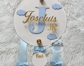 Cloud Newborn Baby Birth Stats Board Hanger wood & acrylic, nursery modern decor, hospital door sign decor, Initial Colgante hospital bebe
