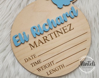 Newborn Baby Custom Birth Stats Circular wood sign with acrylic name and detail any theme, nursery modern decor, custom new mom gift