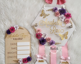 Newborn Baby Birth Stats Door Hanger sign wood & acrylic, 3d Style, nursery modern decor, sign decor flower/Colgante hospital personalizado