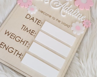 Newborn Baby Custom Birth Stats Board Sign  wood and acrylic elegant sign, nursery boho modern decor, new mom gift