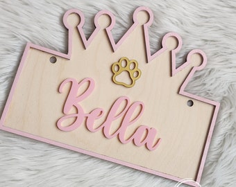 Custom Pet Dog Name Tag Board Wood and Acrylic Sign for Cage with little paw, crown style theme, Anuncio personalizado Nombre de Mascota