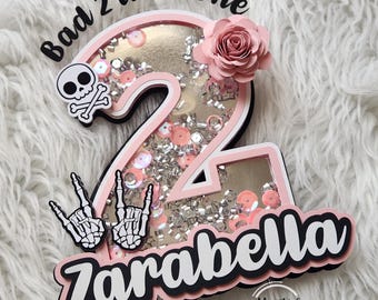 Bad two the bone, theme Custom Personalized Cake Topper shaker for birthday celebration, skull cute flower cake topper. Pink or any color
