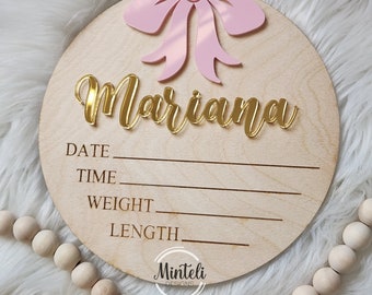 Newborn Baby Custom Birth Stats Circular wood sign with acrylic name and Bow detail, bow coquette, modern boho, baby photo prop