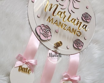 Newborn Baby Birth Stats Board wood and acrylic, 3d Style, nursery modern decor, hospital door hanger sign decor, Bow flowers coquette theme